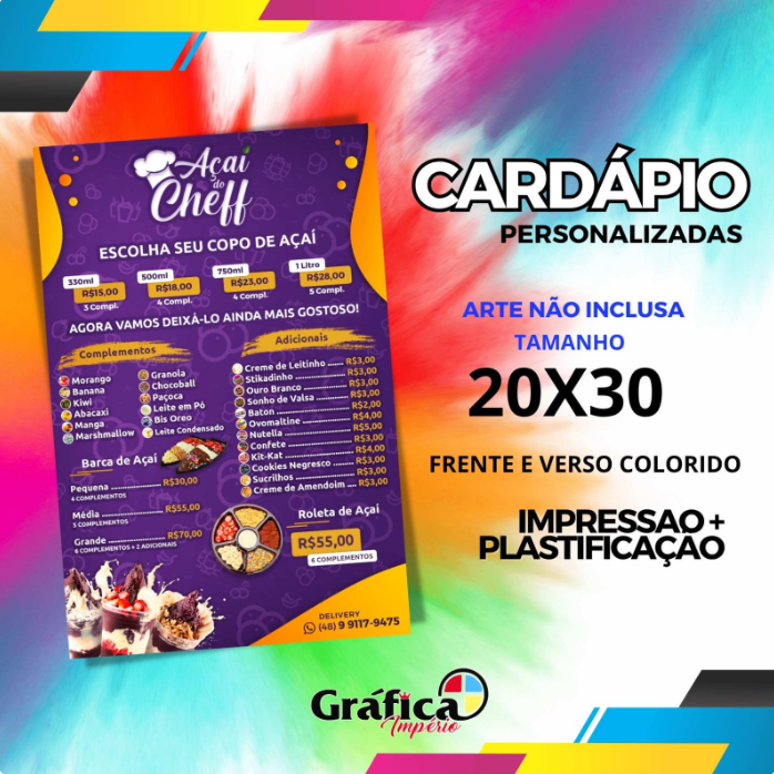 Cardápio 20x30cm — Frente e Verso Colorido + Plastificação